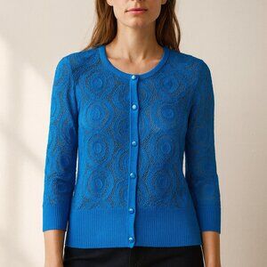ST JOHN Teal Blue Crochet Lace 3/4 Sleeve Logo Button Front Cardigan SZ Medium